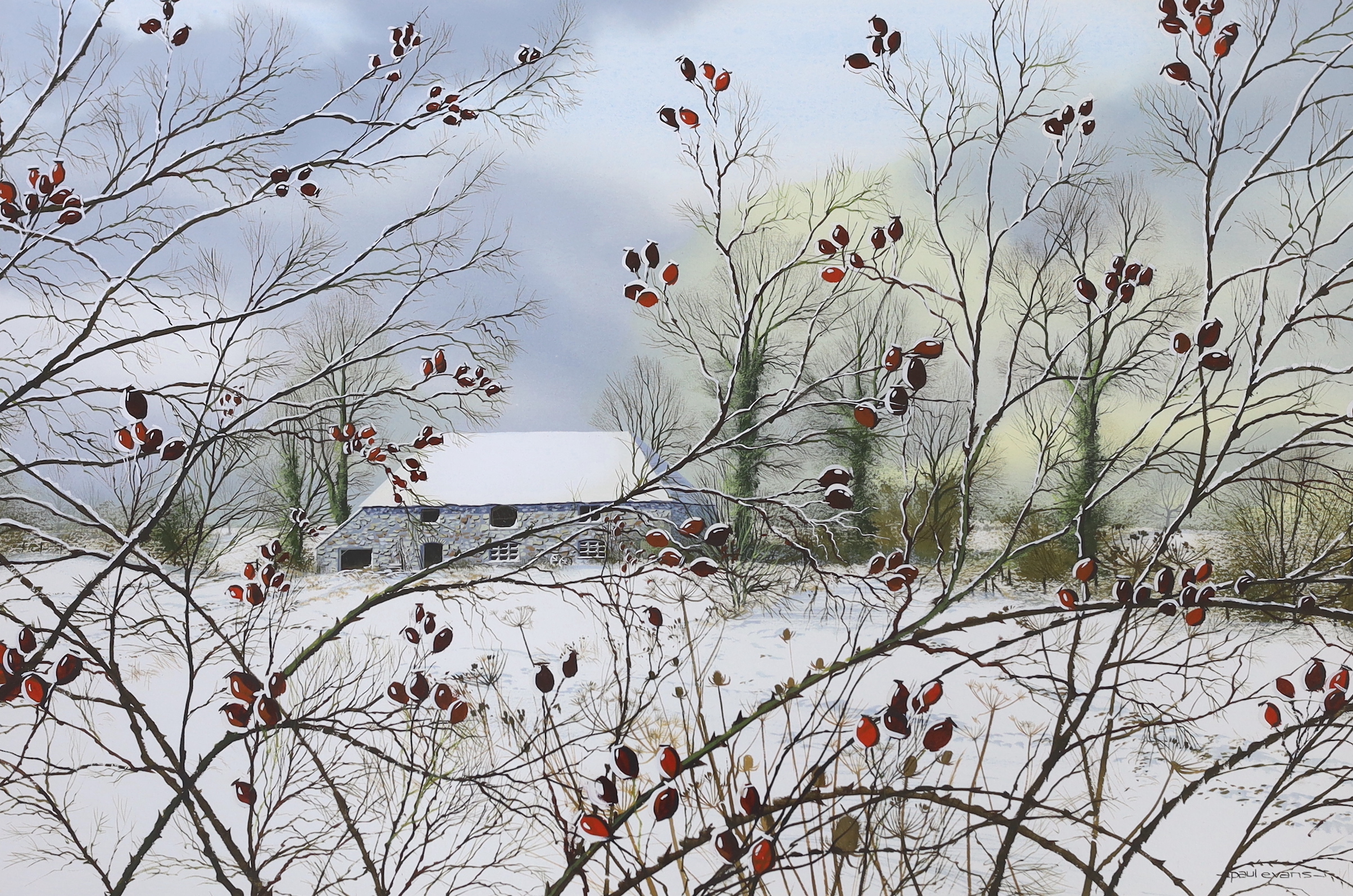 Paul Evans (b.1954), gouache, Winter landscape with red berries, signed, 34 x 47cm